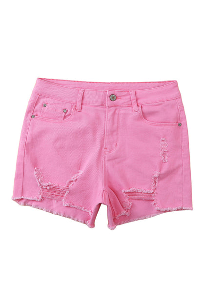 Rose Solid Color Distressed Denim Shorts