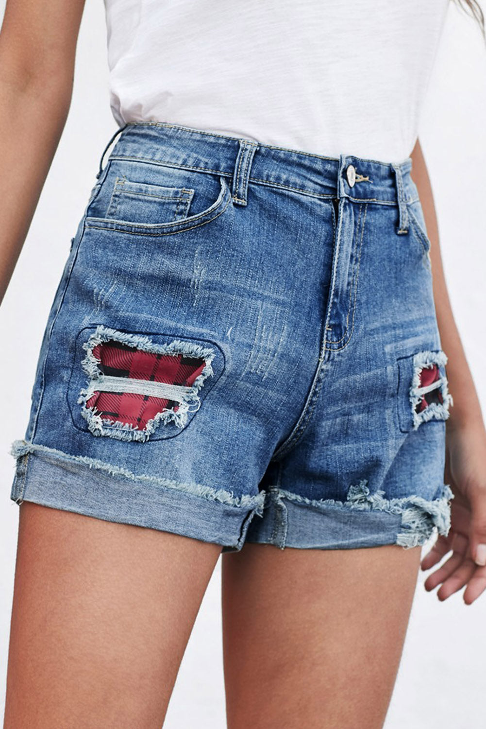 Casual denim shorts met bloemenpatchwork en opgerolde zoom