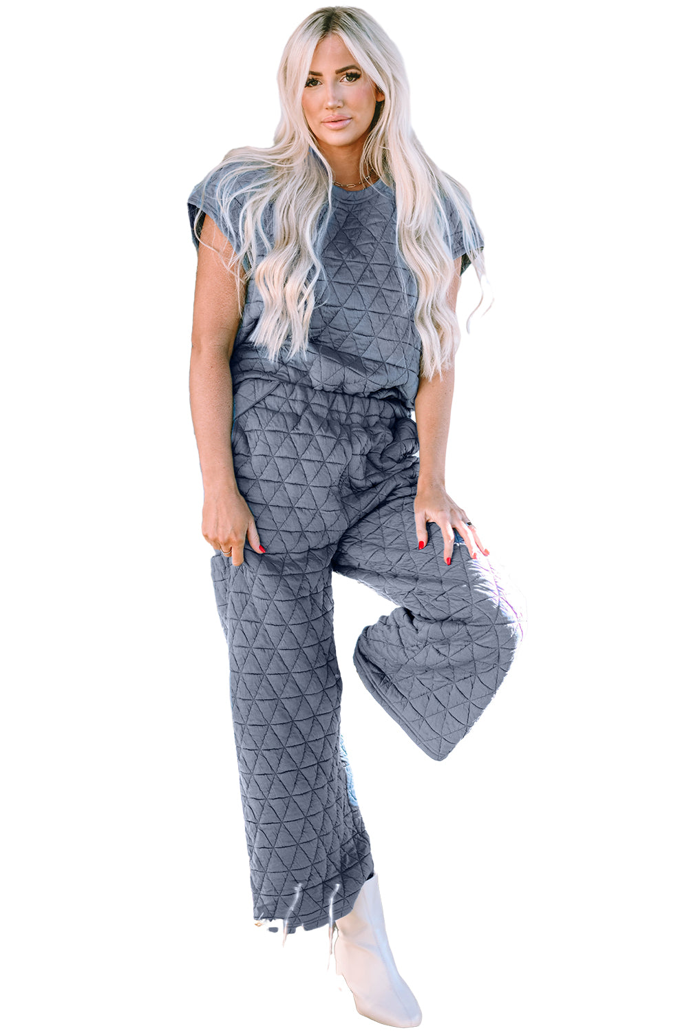 Sage Green Quilted Short Sleeve Wide Leg Pants Set