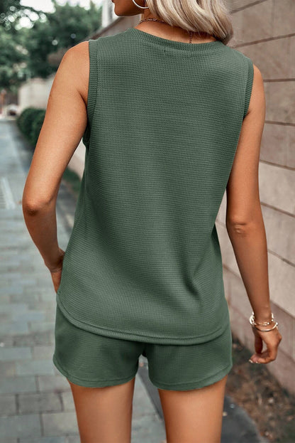 Mist Green Waffle Knit Patched Pocket Tank en Drawstring Shorts Set