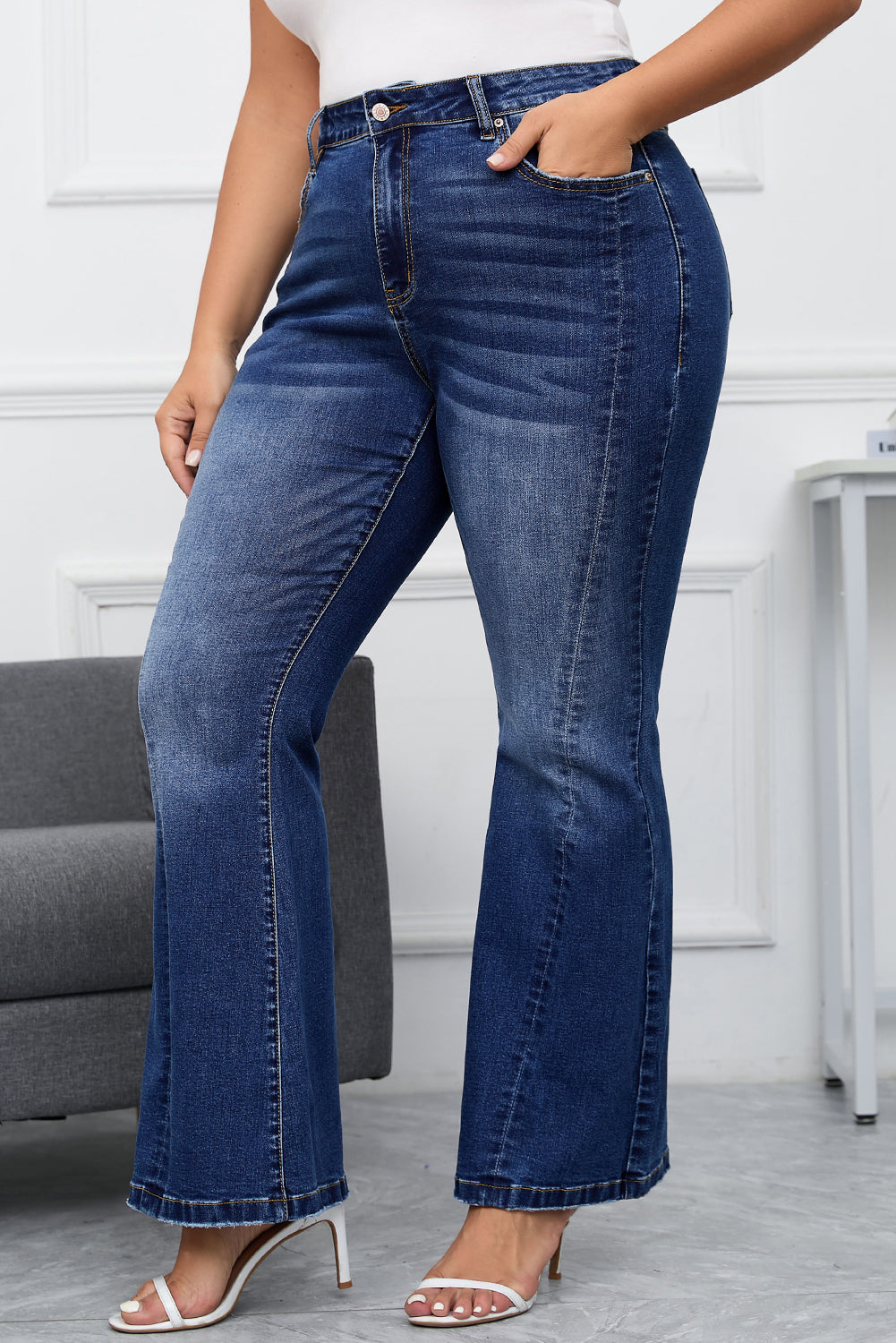 Donkerblauwe Plus Size Gestikte Gewassen Flare Jeans