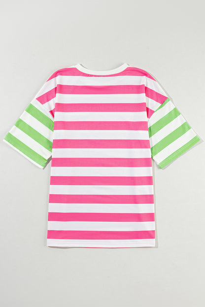 Roze streep contrast patch zak drop mouw T-shirt