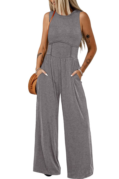 Zwarte jumpsuit met wijde pijpen en een strakke taille zonder mouwen