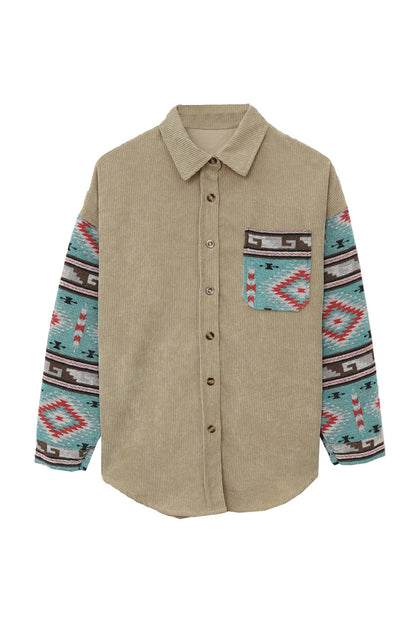 Khaki Aztec patroon mouw zak corduroy shacket