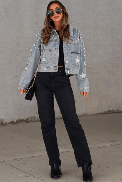 Zwarte distressed pearls ster cropped denim jack