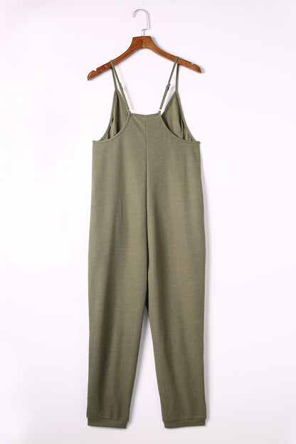 Grijze, getextureerde, mouwloze, V-hals, casual jumpsuit met zakken