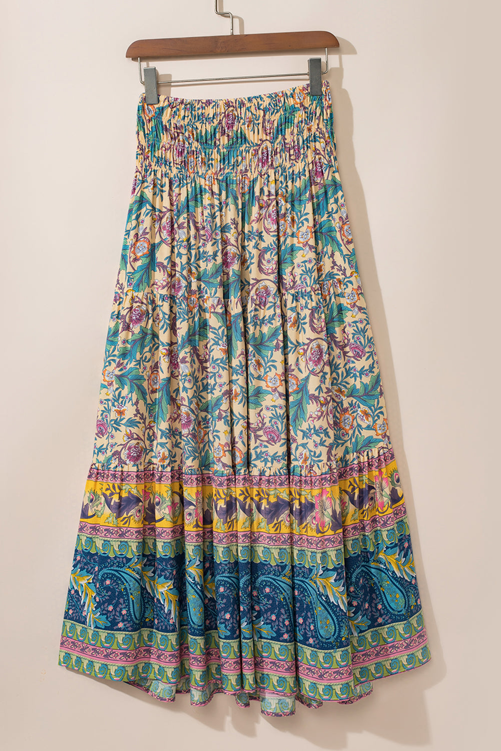 Hemelsblauwe Boho Bloemen &amp; Paisley Print Geplooide Taille Lange Rok