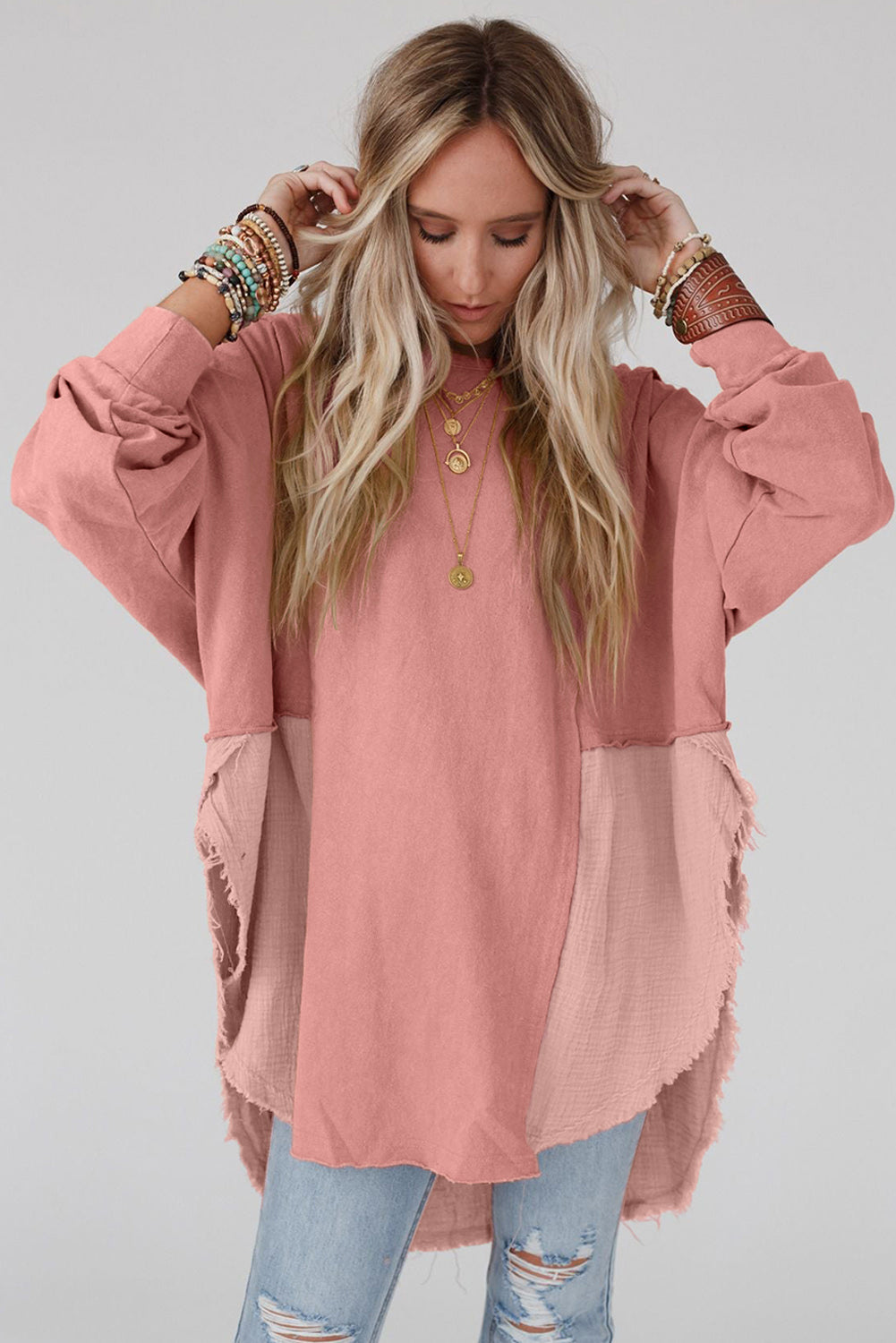 Camel Crinkle Splicing Raw Hem High Low Oversized Blouse