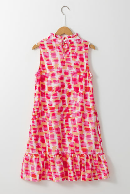 Roze abstracte print geplooide hals mouwloze mini-jurk