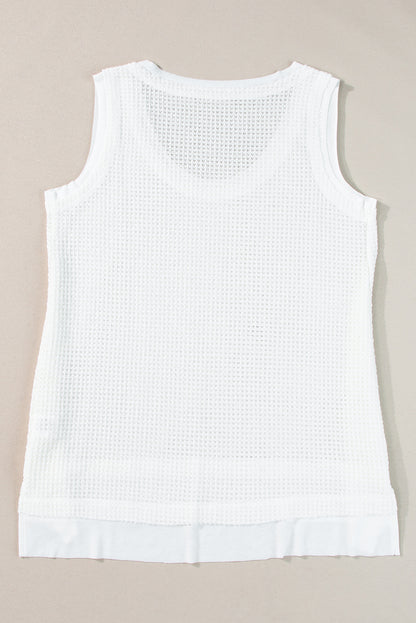 White Scoop Neck Waffle Knit Flowy Vest