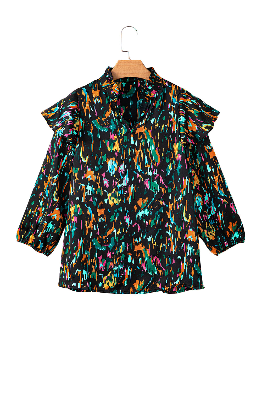 Blouse met veelkleurige abstracte print, 3/4 pofmouwen en ruches