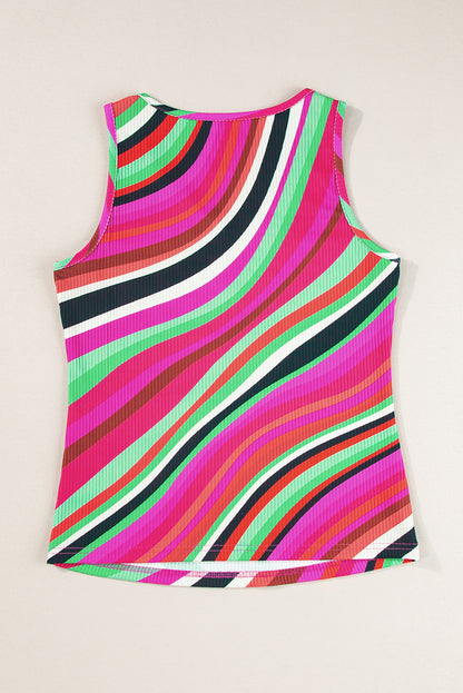 Multicolour Wavy Striped Buttoned V Neck Tank Top