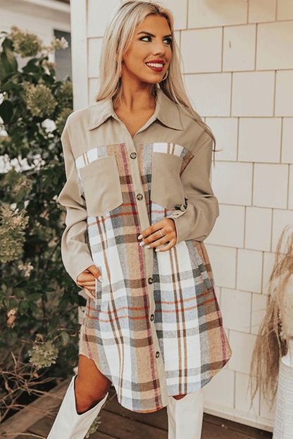 Khaki Plaid Patchwork Lange Mouw Shirt Mini Jurk