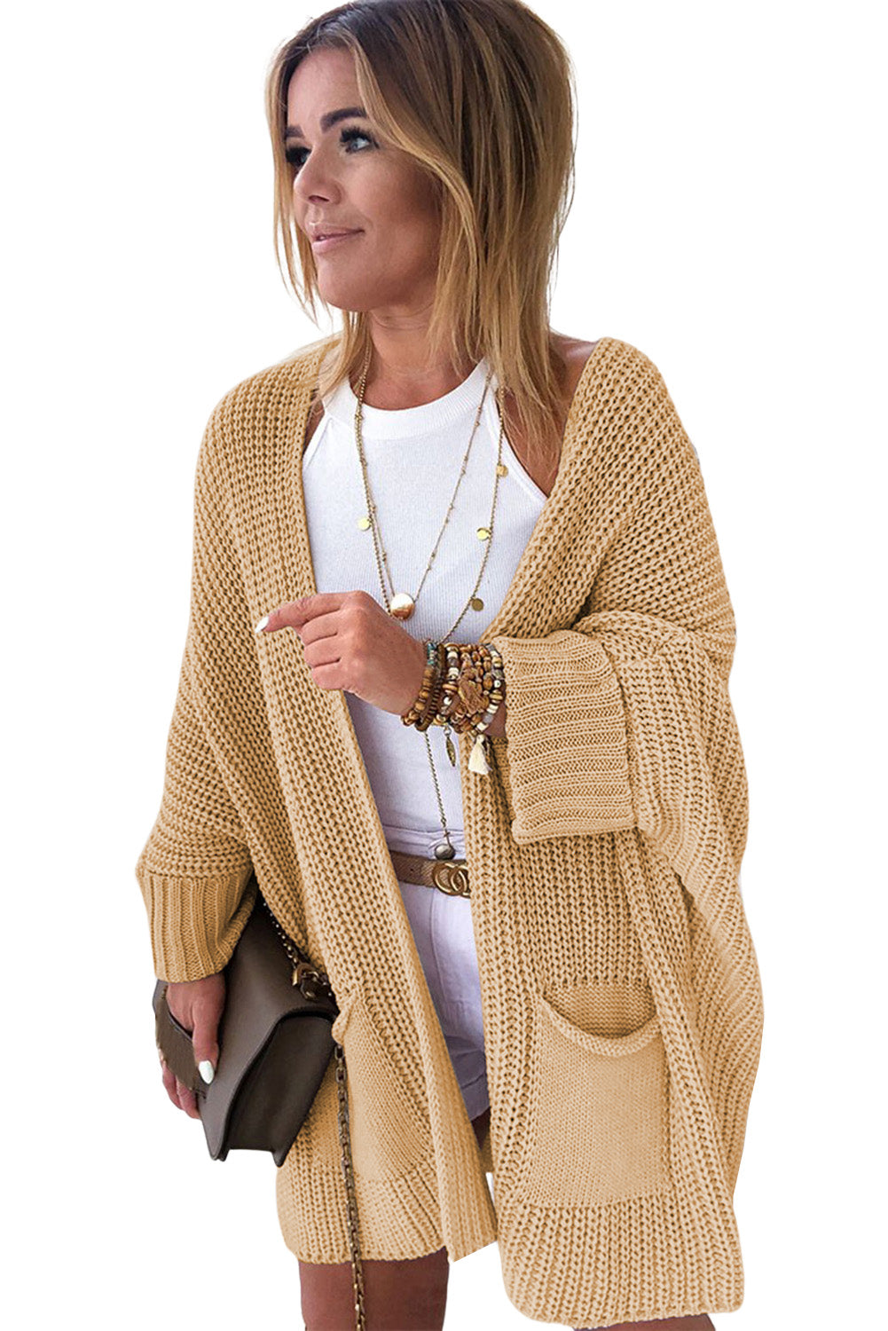 Gray Oversized Fold Over Sleeve Open Front Cardigan