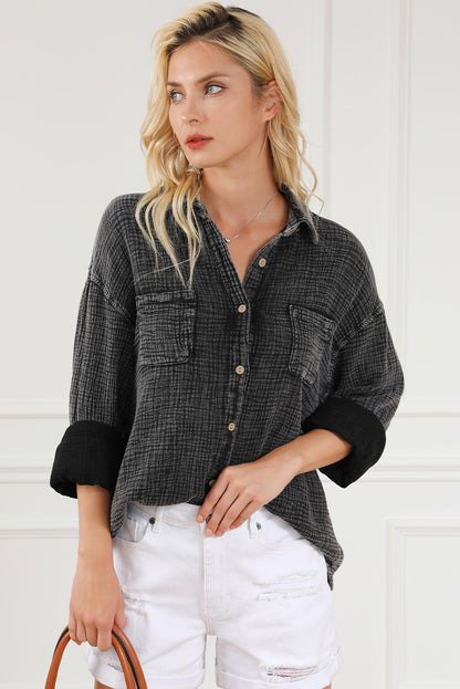 Black Mineral Wash Crinkle Textured Chest Pockets Shirt