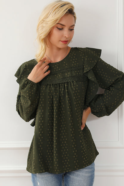 Zwartgroene kanten blouse met ruches op de schouder en lange mouwen