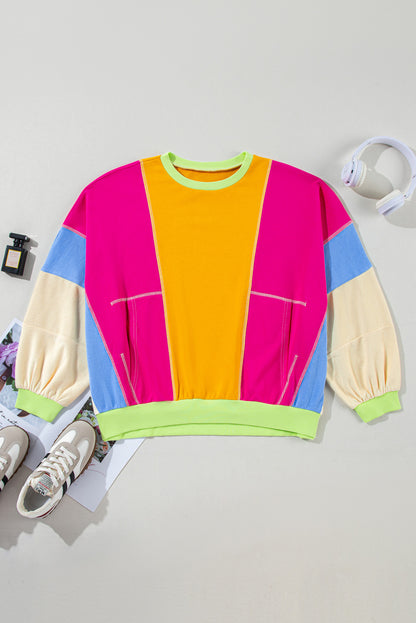 Rozerood Plus Size Colorblock Patchwork Sweatshirt met zichtbare naden