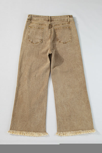 Lichte Franse beige acid washed high rise cropped wijde pijp jeans