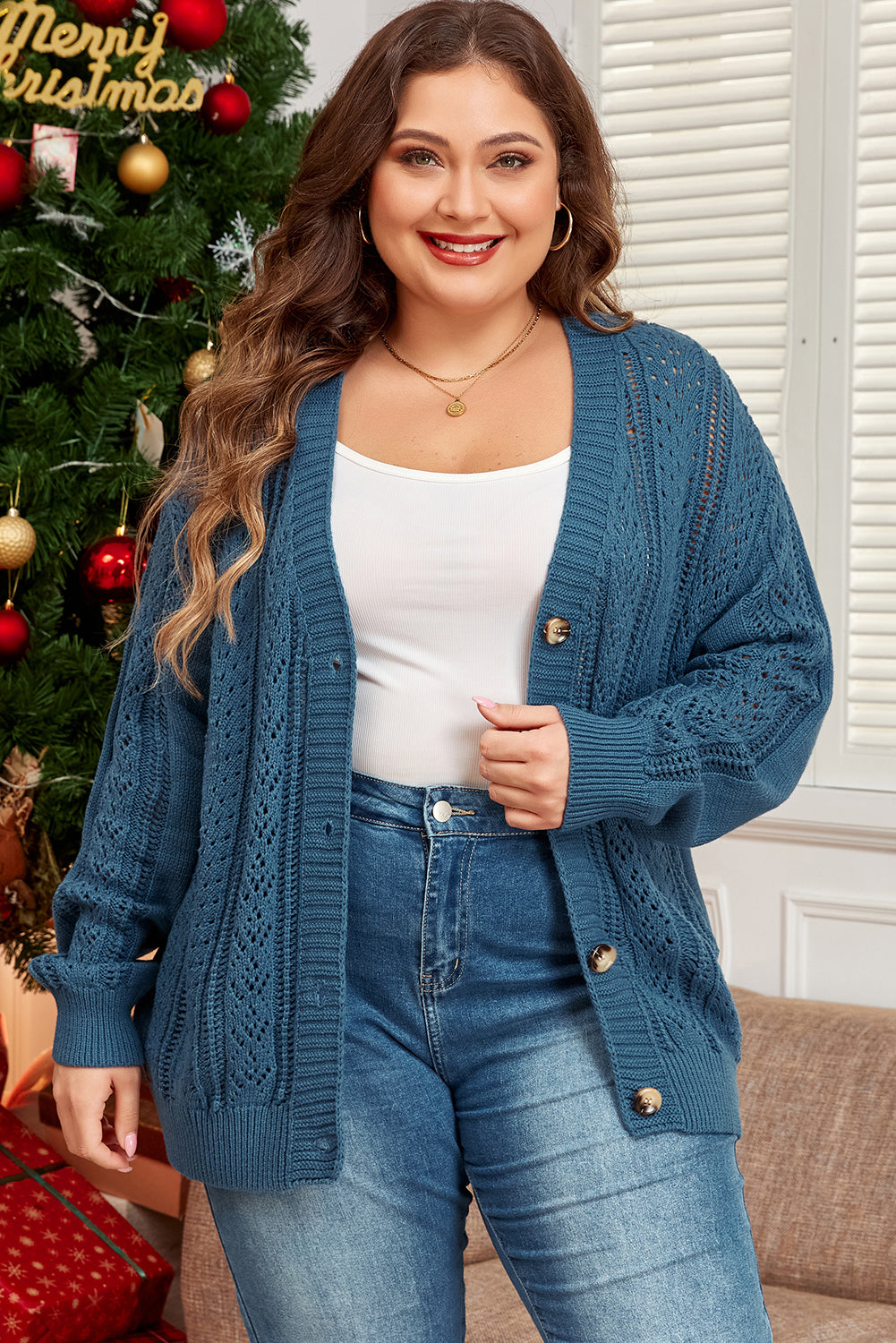 Echte Teal Open Knit V-hals Knoopsluiting Voorkant Drop Schouder Plus Size Cardigan