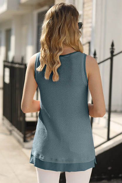 White Scoop Neck Waffle Knit Flowy Vest