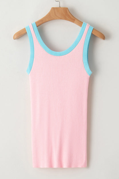 Zwarte geribbelde tanktop met U-hals en geribbelde rand met zwarte colorblock-rand