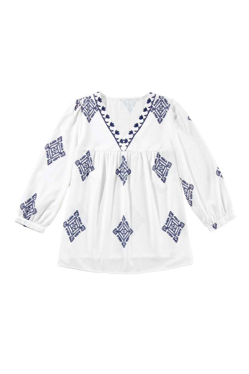 Witte Boho Geometrische Print Armband Mouw V Hals Blouse