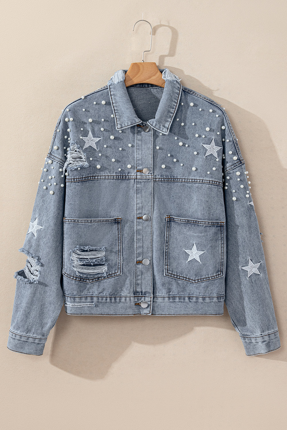 Zwarte distressed pearls ster cropped denim jack