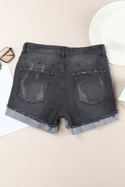 Distressed Ripped Rolled Hem Blue Denim Shorts