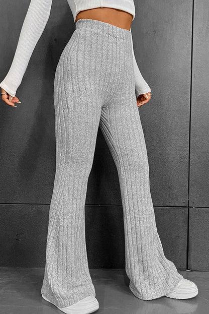 Gray Solid Color High Waist Ribbed Flare Pants