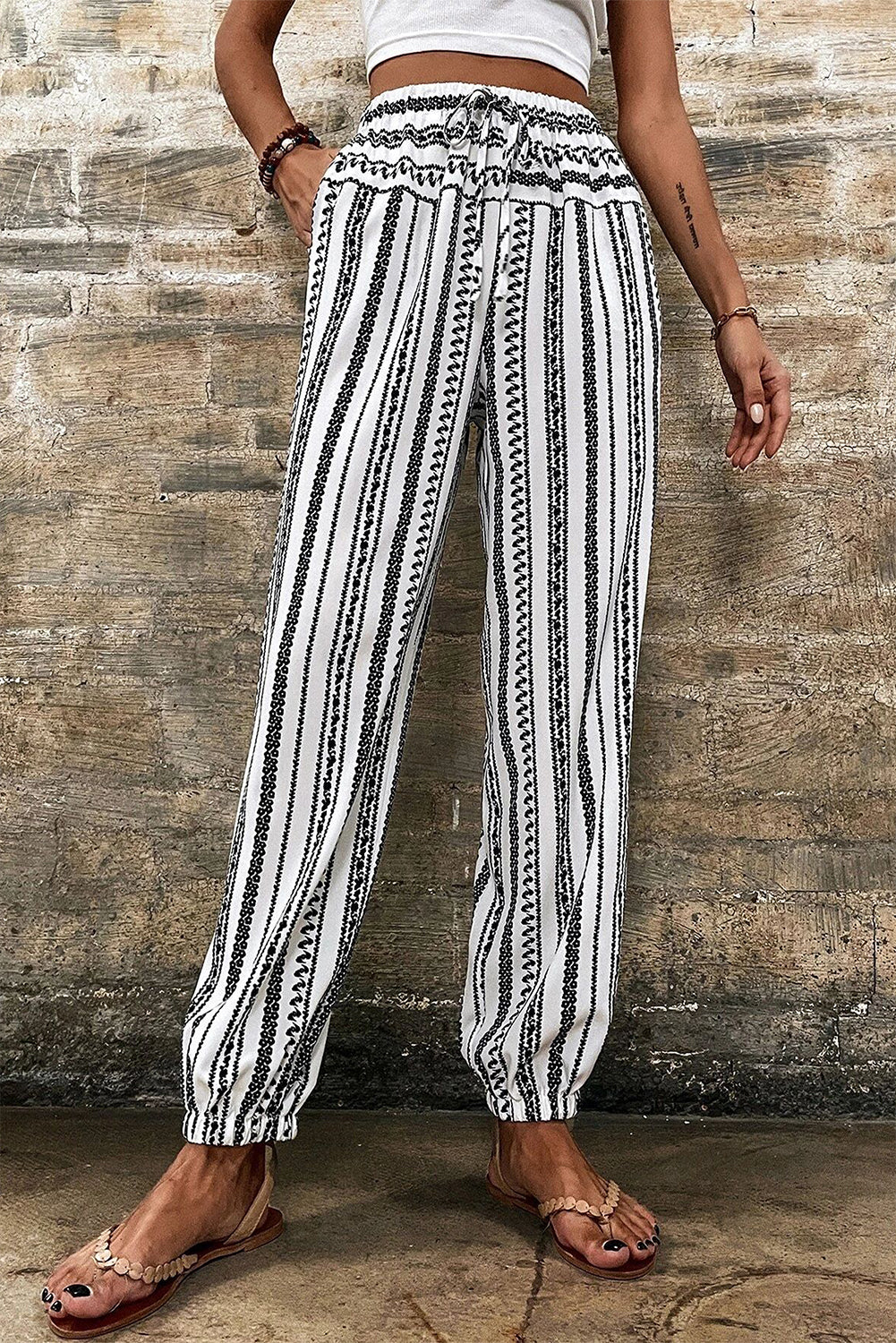 Zwarte gestreepte Boho gestreepte print casual broek