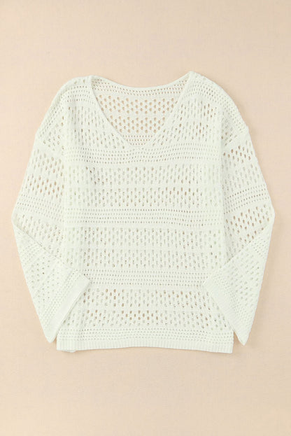 Witte Hollow Out Crochet V-hals Pullover Trui