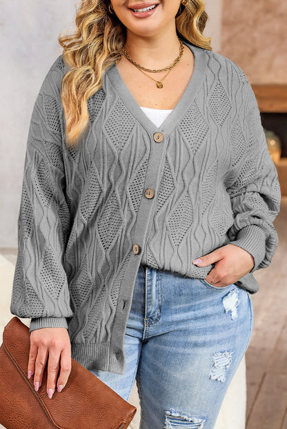 Abrikoos Plus Size Gebreid Uitgehold Knoopsluiting Cardigan