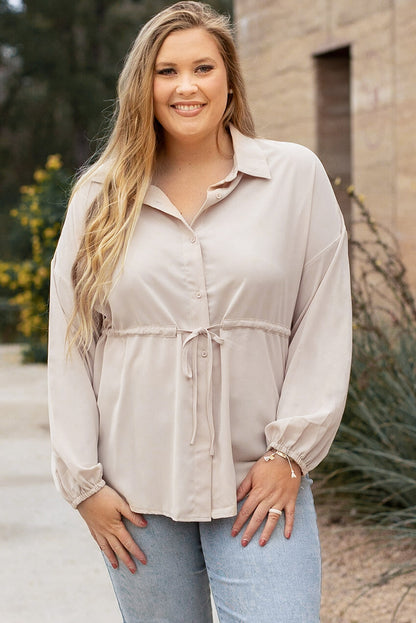 Licht Frans Beige Plus Size Puff Sleeve Geknoopt Tuniek Shirt