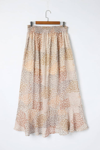 Abrikoos Boho Bloemenprint Gesmokte Taille Knoop Split Maxi Rok