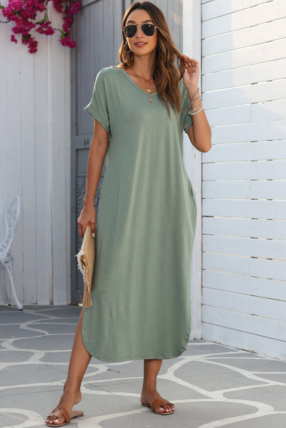 Black V Neck Hidden Pocket Splits Maxi T-shirt Dress