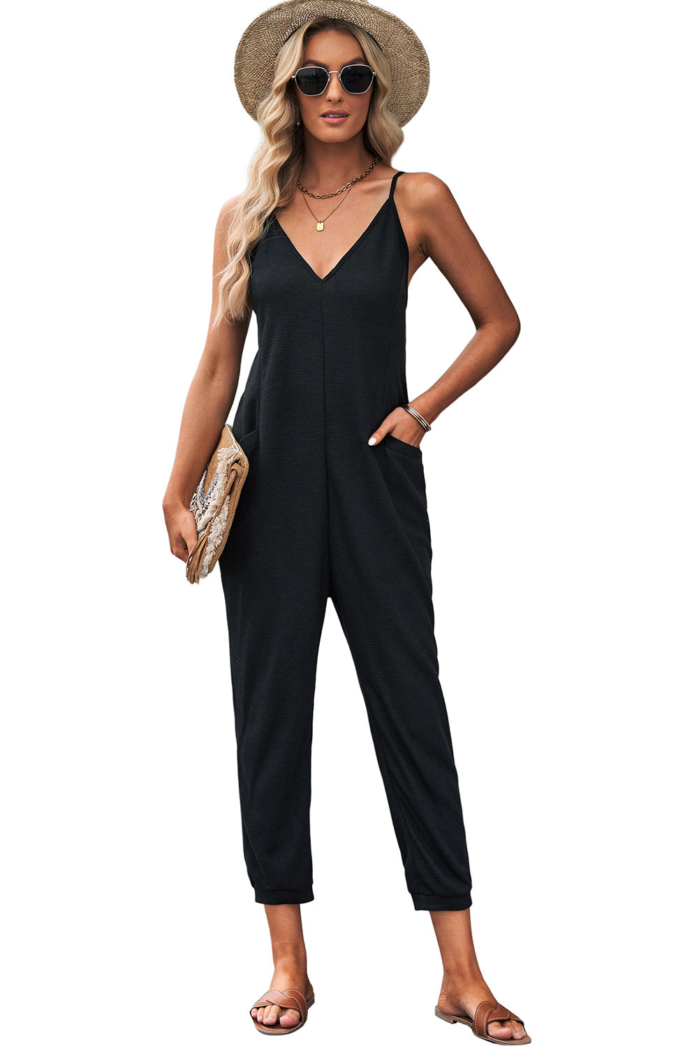 Grijze, getextureerde, mouwloze, V-hals, casual jumpsuit met zakken