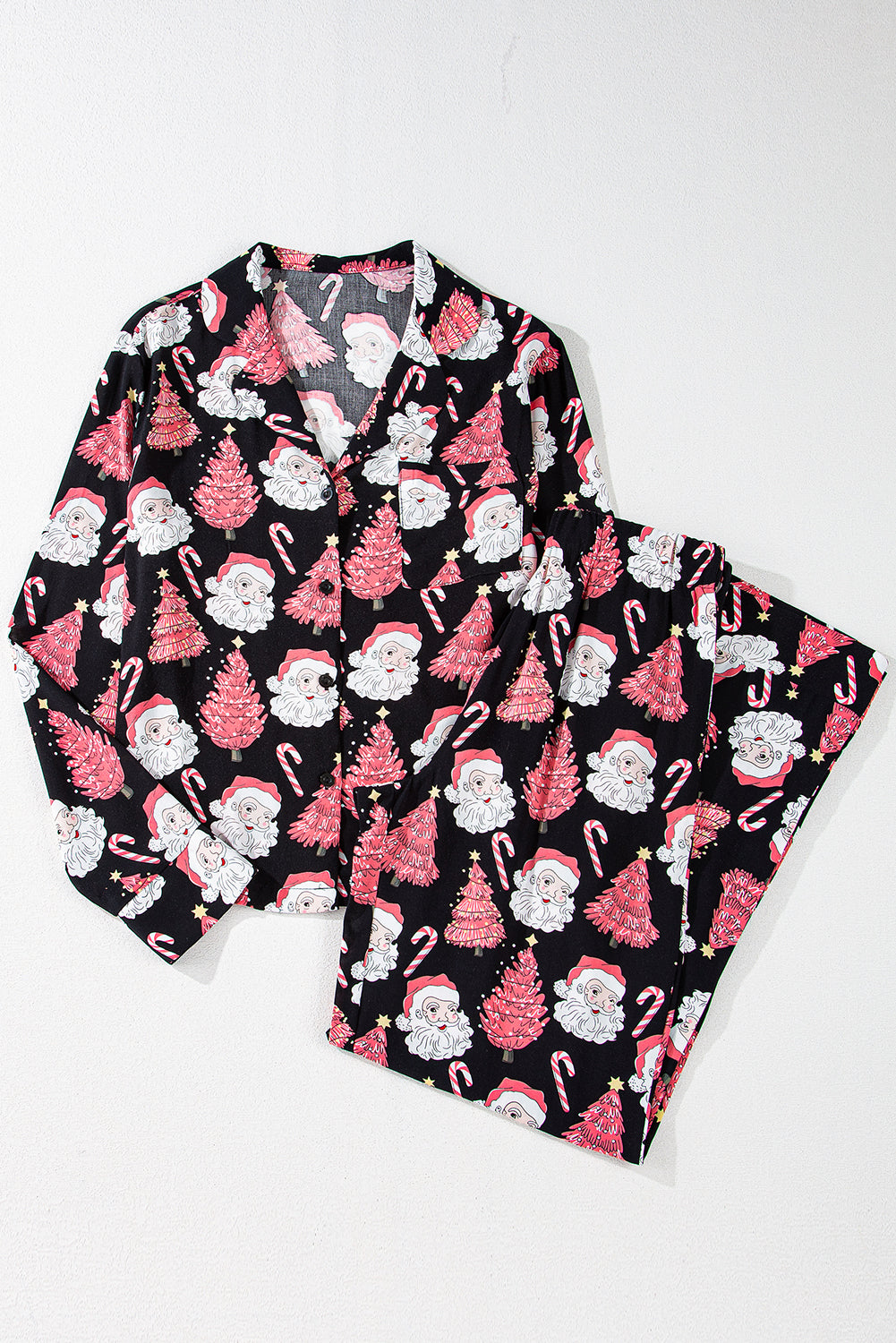 Black Christmas Santa Printed Two Piece Pajamas Set