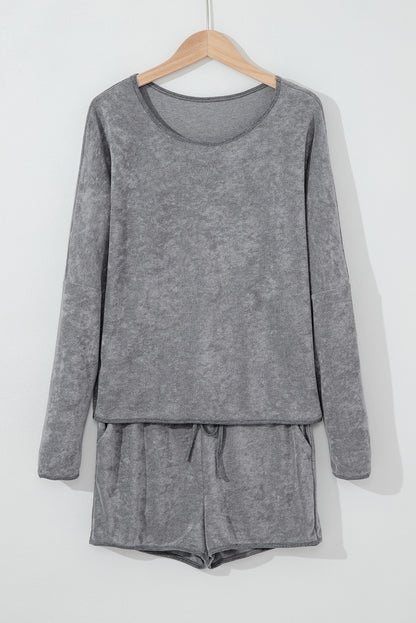 Gray Long Sleeve Top and Drawstring Shorts Lounge Set