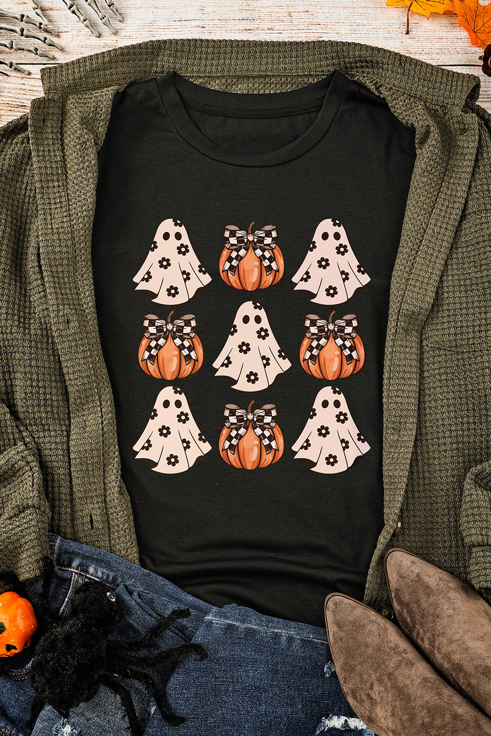 Zwarte Halloween Ghost Pumpkin Print Crew Neck T-shirt