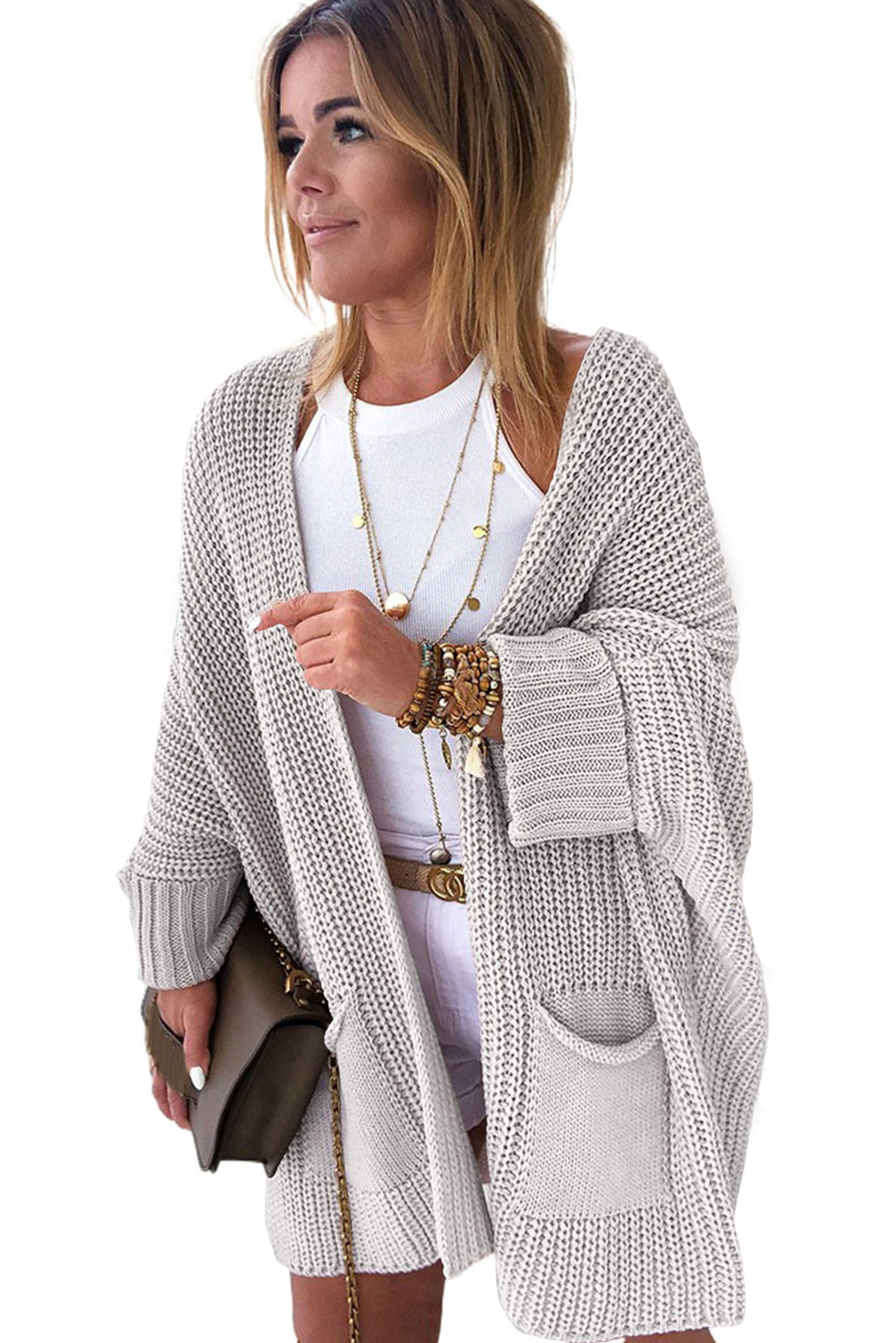 Gray Oversized Fold Over Sleeve Open Front Cardigan