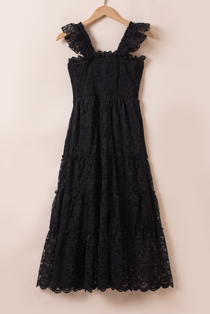 Black Lace Smocked Bodice Sleeveless Midi Dress