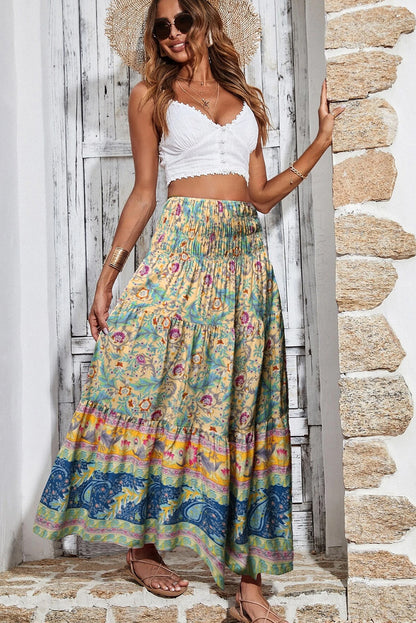 Hemelsblauwe Boho Bloemen &amp; Paisley Print Geplooide Taille Lange Rok