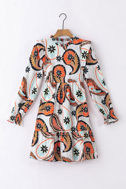 Wit bedrukte Boho Paisley bloemenprint mini-jurk met pofmouwen