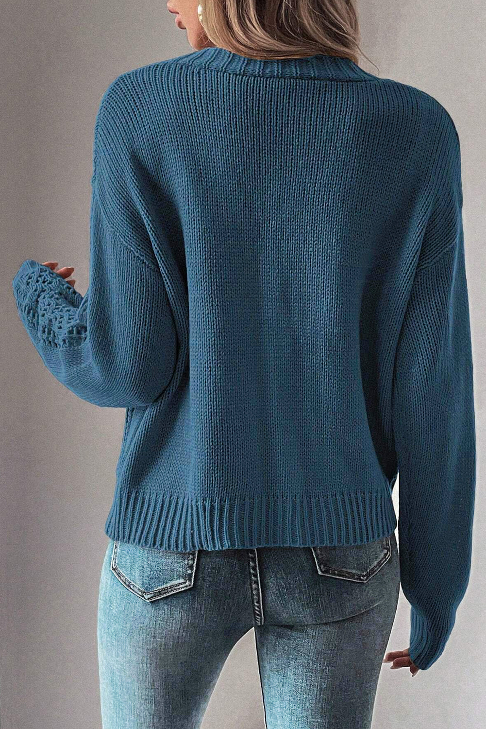 Echte Teal Open Knit V-hals Knoopsluiting Voorkant Drop Schouder Plus Size Cardigan