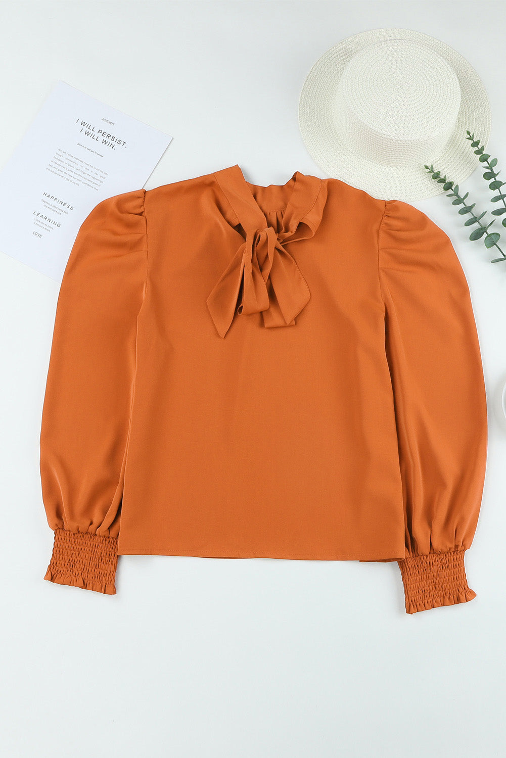 Oranje lange bubbelmouw nephals chiffon blouse