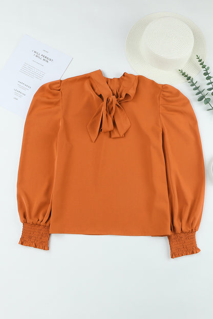 Oranje lange bubbelmouw nephals chiffon blouse