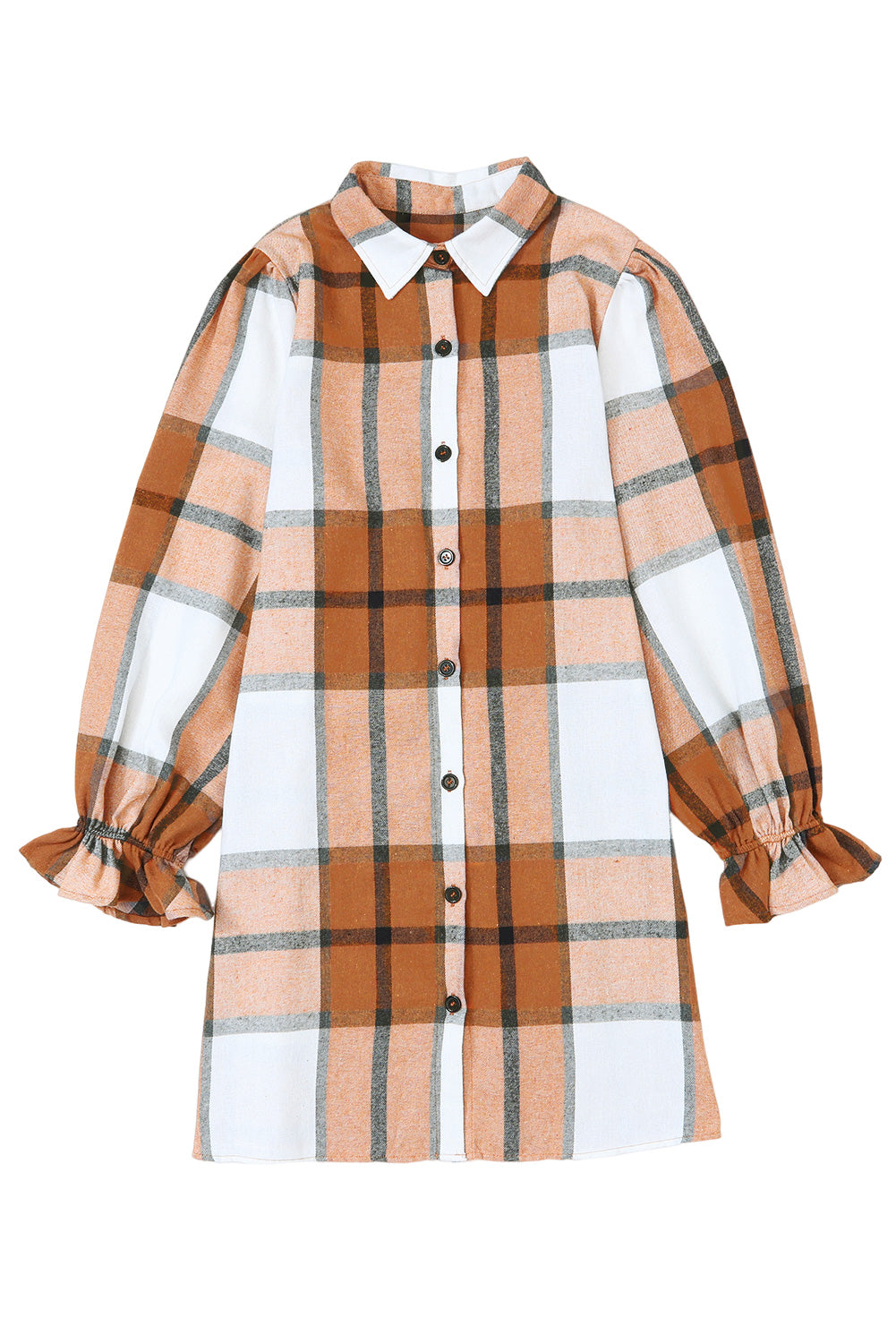 Khaki Plaid-patroon Kraag Hals Ruffle Mouw Shirt Jurk