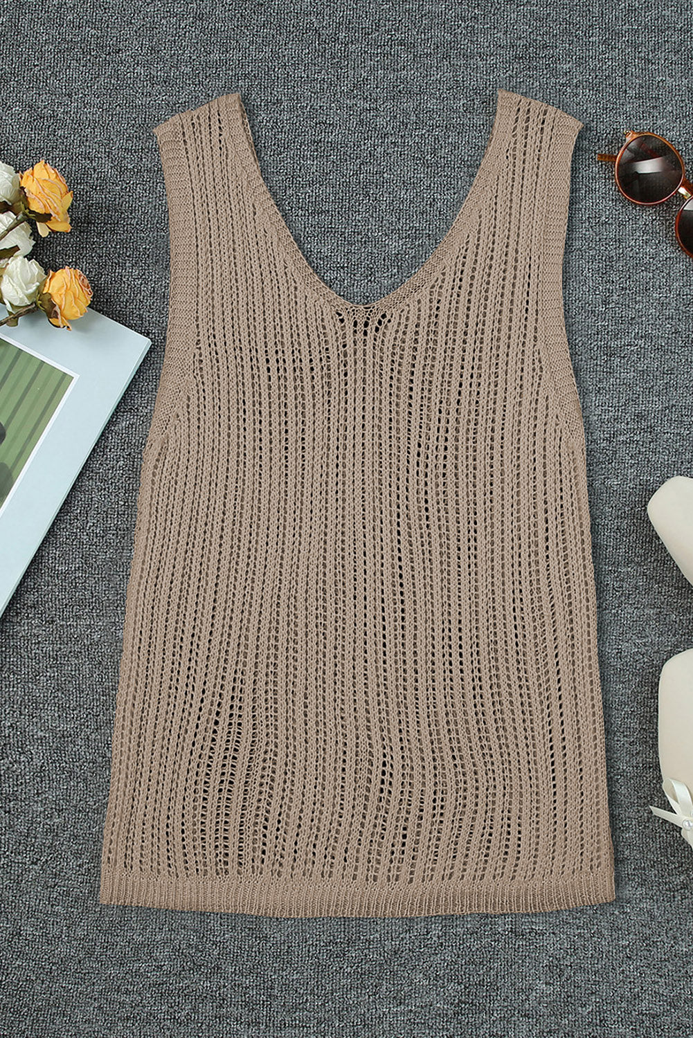 White Hollowed Knit V Neck Tank Top