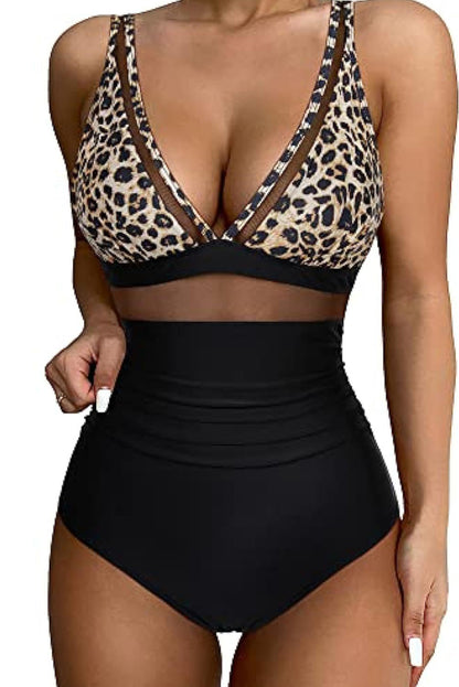 Bruine luipaard mesh inzetstuk V-hals hoge taille monokini