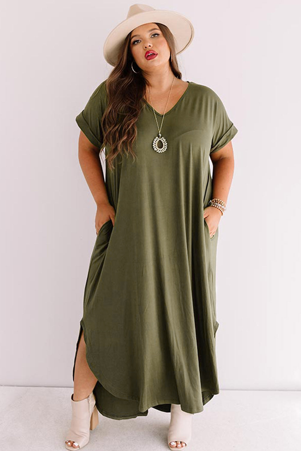 Groene Plus Size V-hals Gerolde Manchetten Maxi-jurk